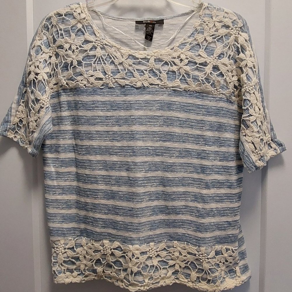 STYLE&CO. Blue/White Striped Knit Top w/Crochet Lace - XS